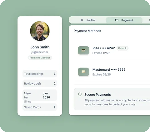 User account. Any user can do a simple sign-up, email, or through Google. Users can add credit card data to use on the websiteapp, see the booking history, provide ratings about every single visit, or write a ticket to the support.